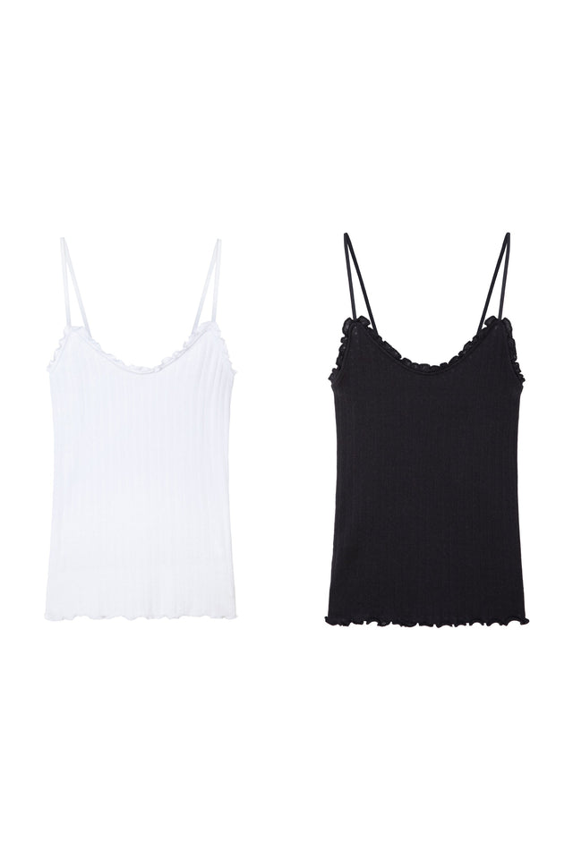 Pointelle Soft V Tank Top Set of Two White/Black