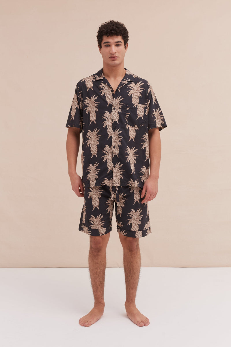 Men’s Cuban Pyjama Set Howie Pineapple Print Black/Gold