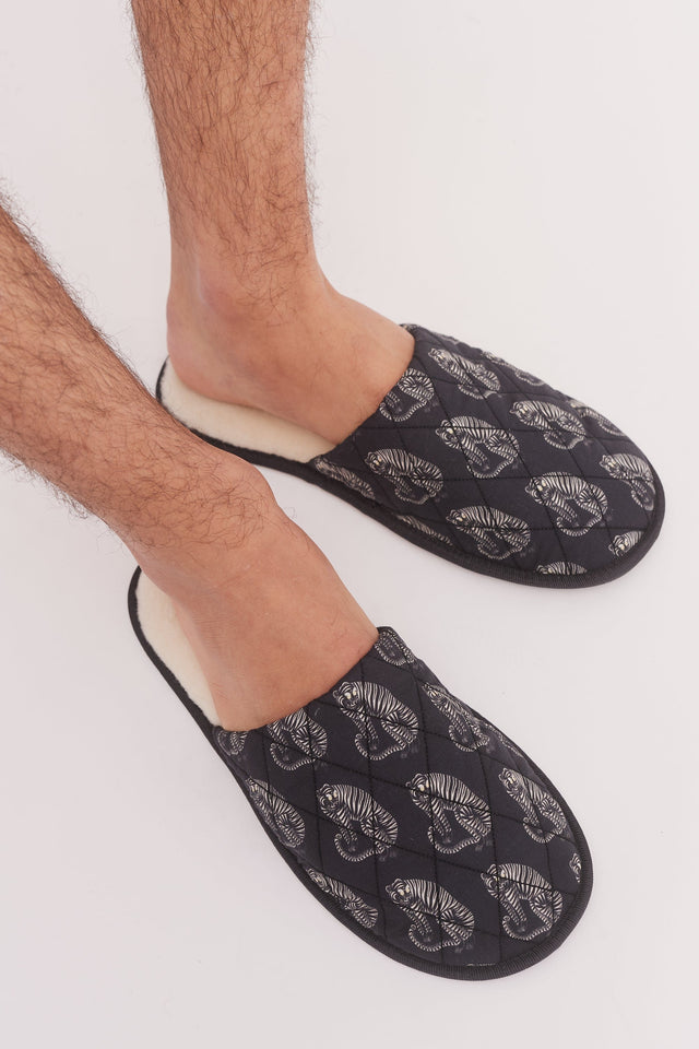Men's Slippers Sansindo Tiger Print Black/Cream