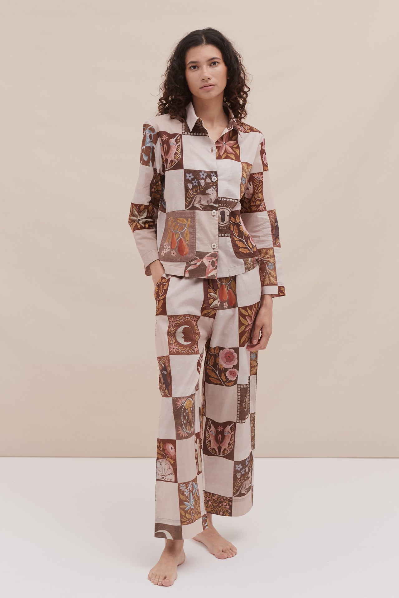 Pocket Pyjama Set Idle Hands Check Mocha/Pink