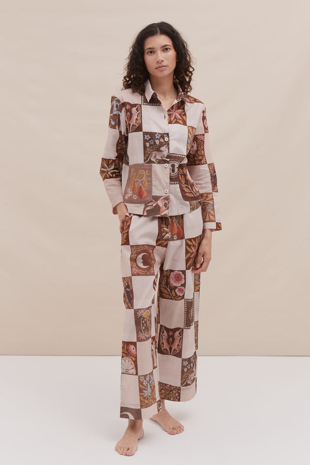 Pocket Pyjama Set Idle Hands Check Mocha/Pink