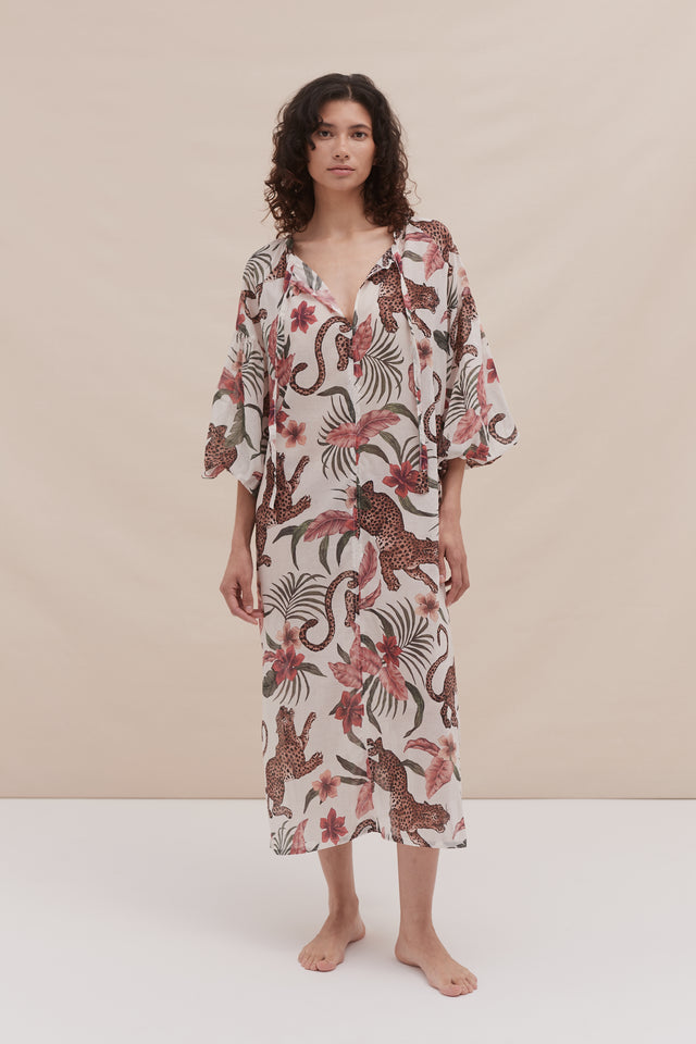 Blouson Sleeve Kaftan Soleia Leopard Print Cream
