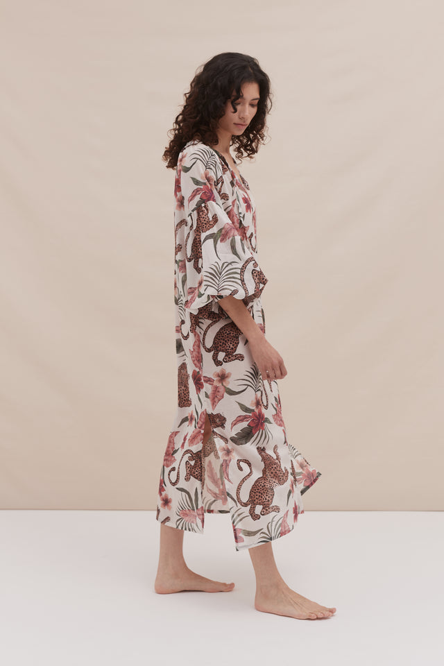 Blouson Sleeve Kaftan Soleia Leopard Print Cream