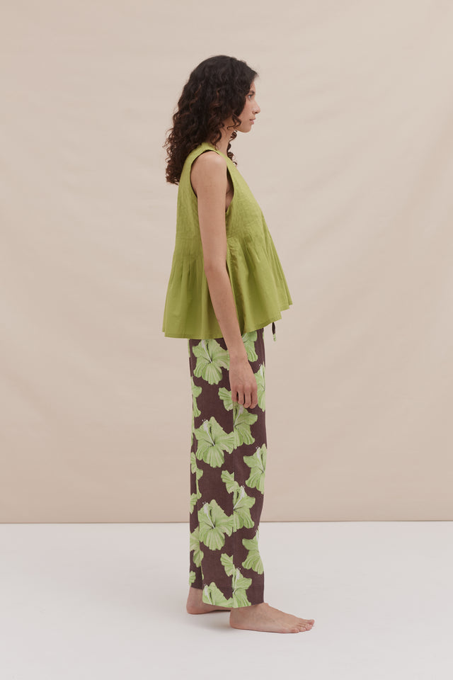 Pleated Cami and Pocket Trousers Set Plain/Grand Hibiscus Print Cocoa/Lime
