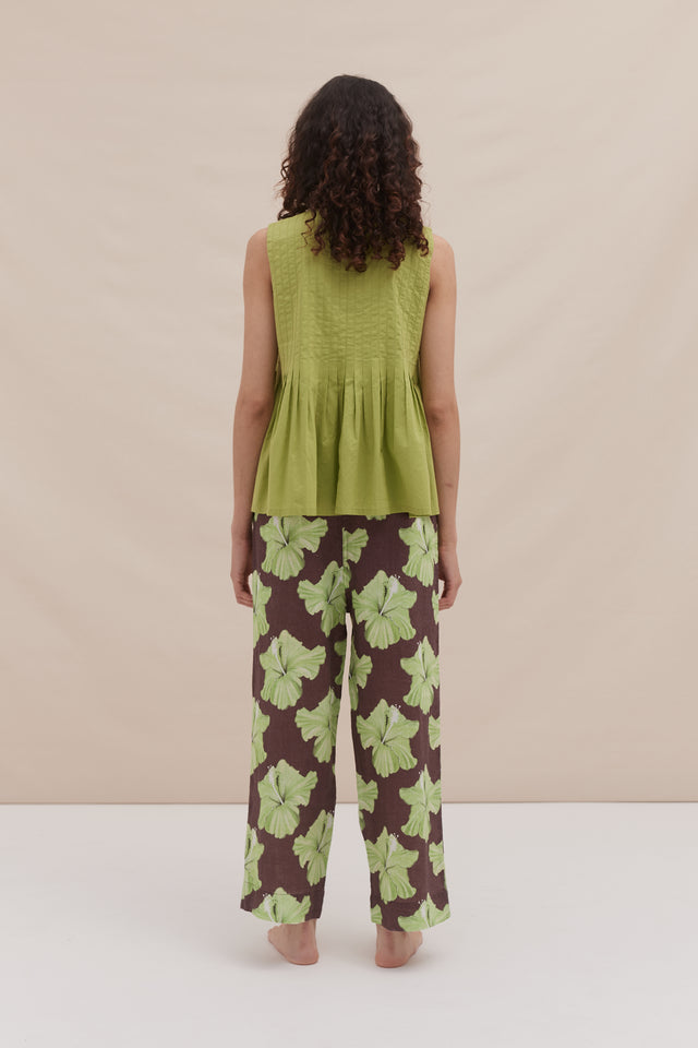 Pleated Cami and Pocket Trousers Set Plain/Grand Hibiscus Print Cocoa/Lime