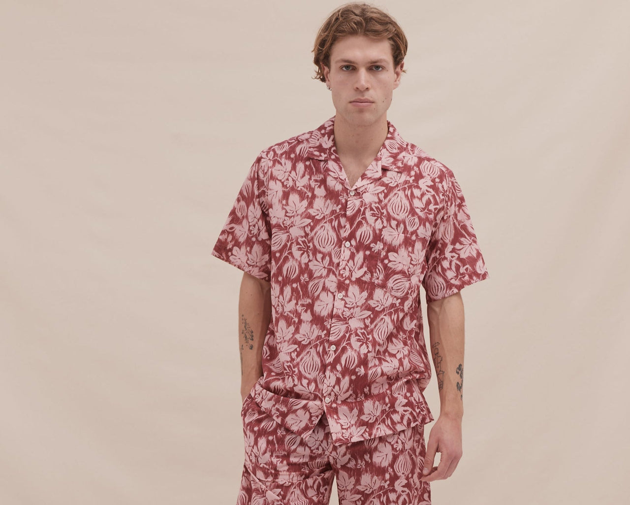 Men’s Cuban Pyjama Shirt Alma Fig Print Red/Pink