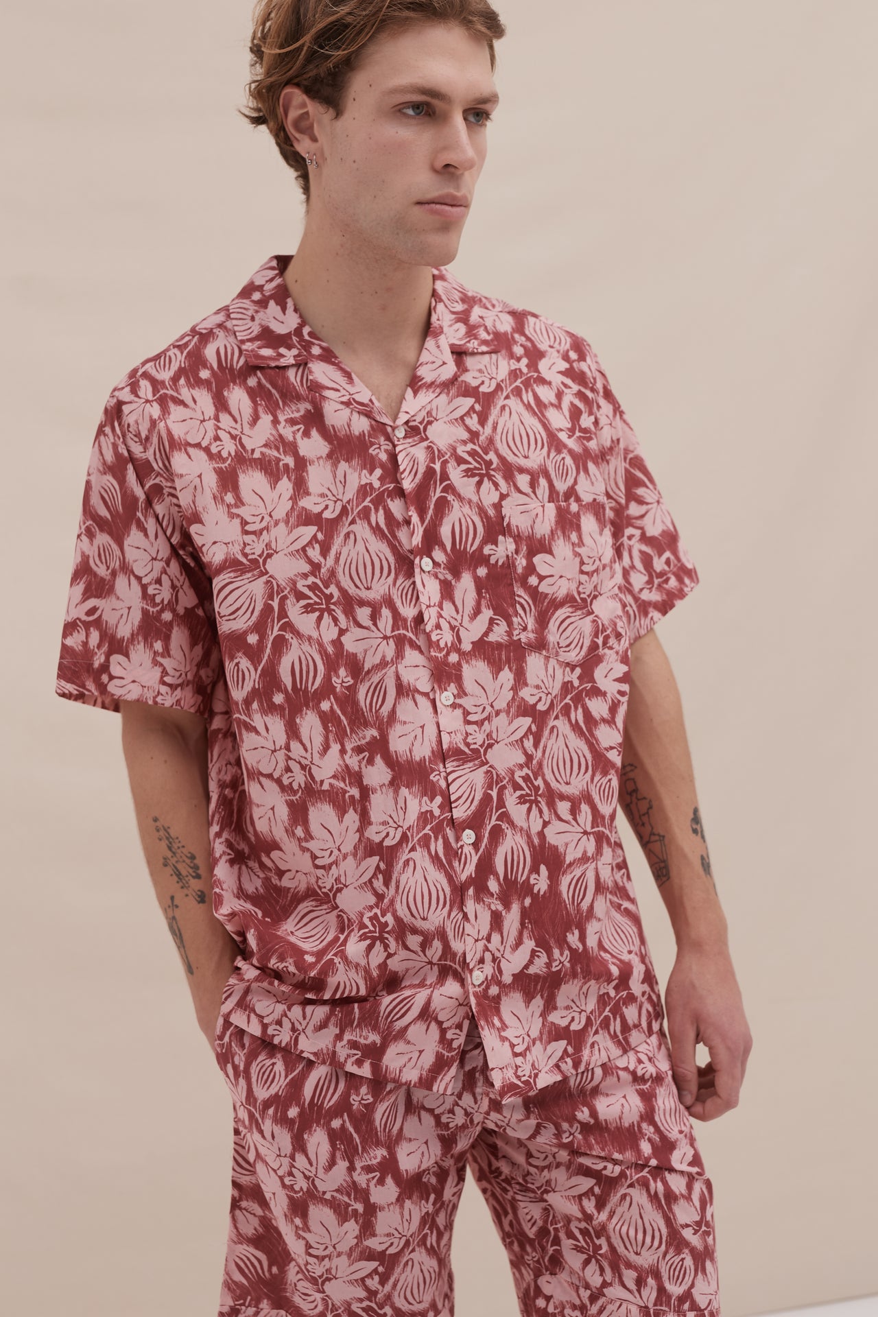 Men’s Cuban Pyjama Shirt Alma Fig Print Red/Pink