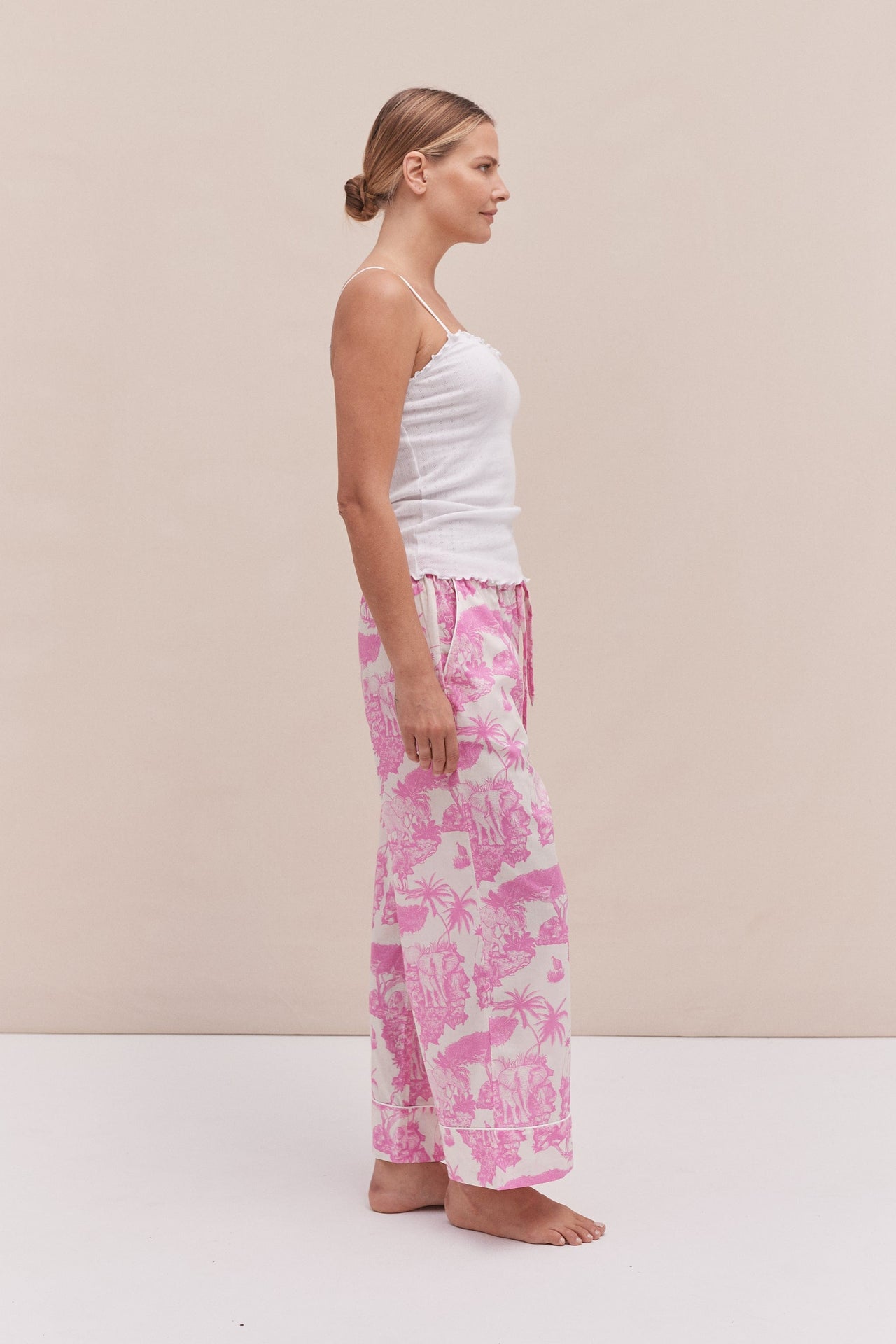 Soft V Tank Top & Wide Leg Trouser Set White/Loxodonta Print Pink
