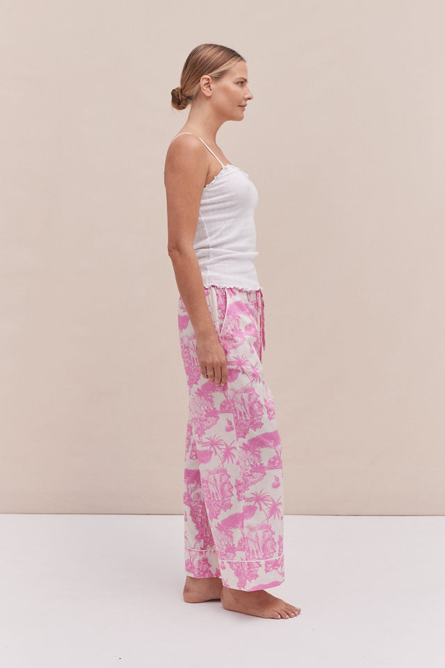 Soft V Tank Top & Wide Leg Trouser Set White/Loxodonta Print Pink