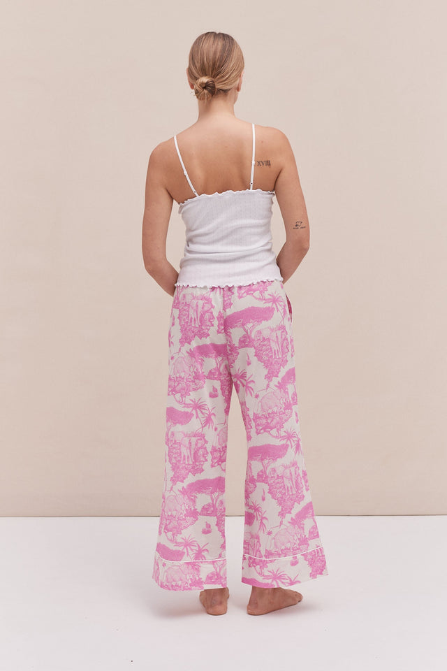 Soft V Tank Top & Wide Leg Trouser Set White/Loxodonta Print Pink