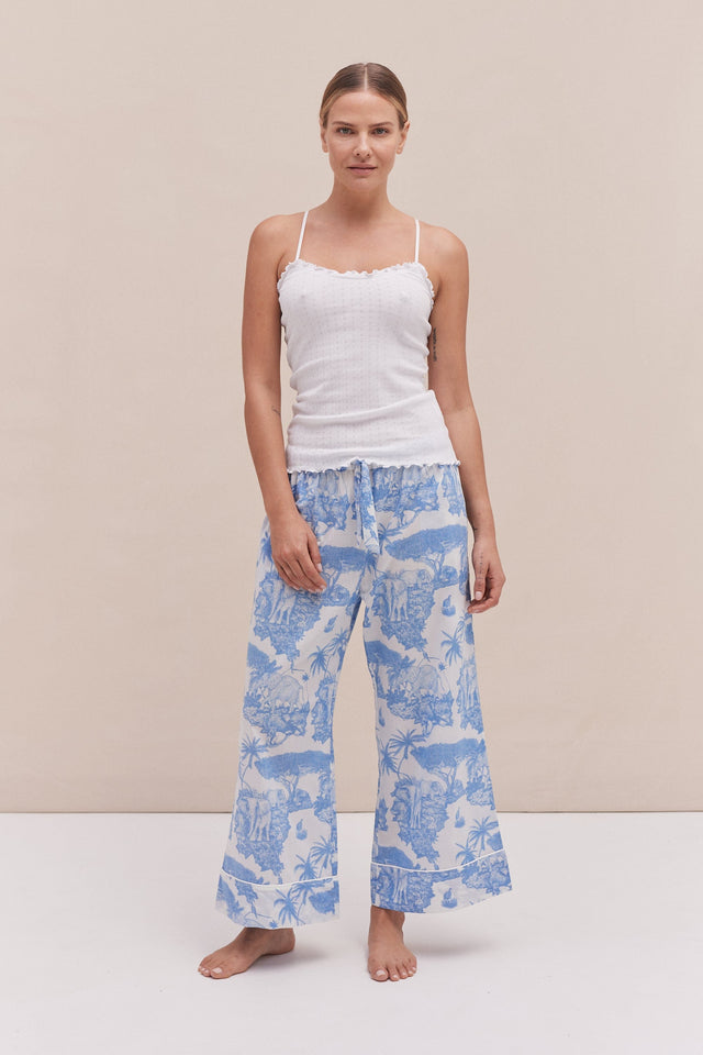 Soft V Tank Top & Wide Leg Trouser Set White/Loxodonta Print Blue