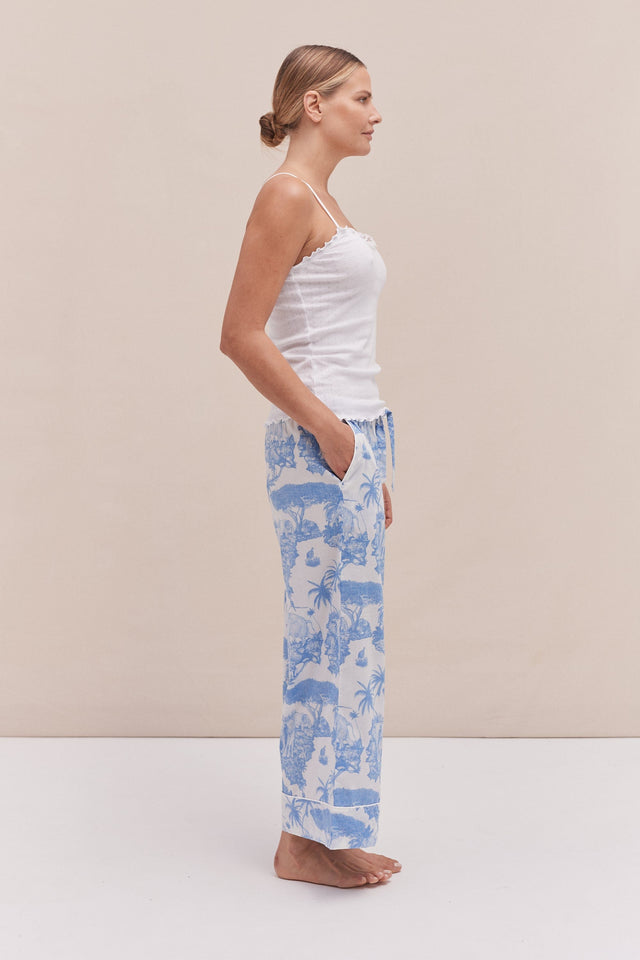 Soft V Tank Top & Wide Leg Trouser Set White/Loxodonta Print Blue