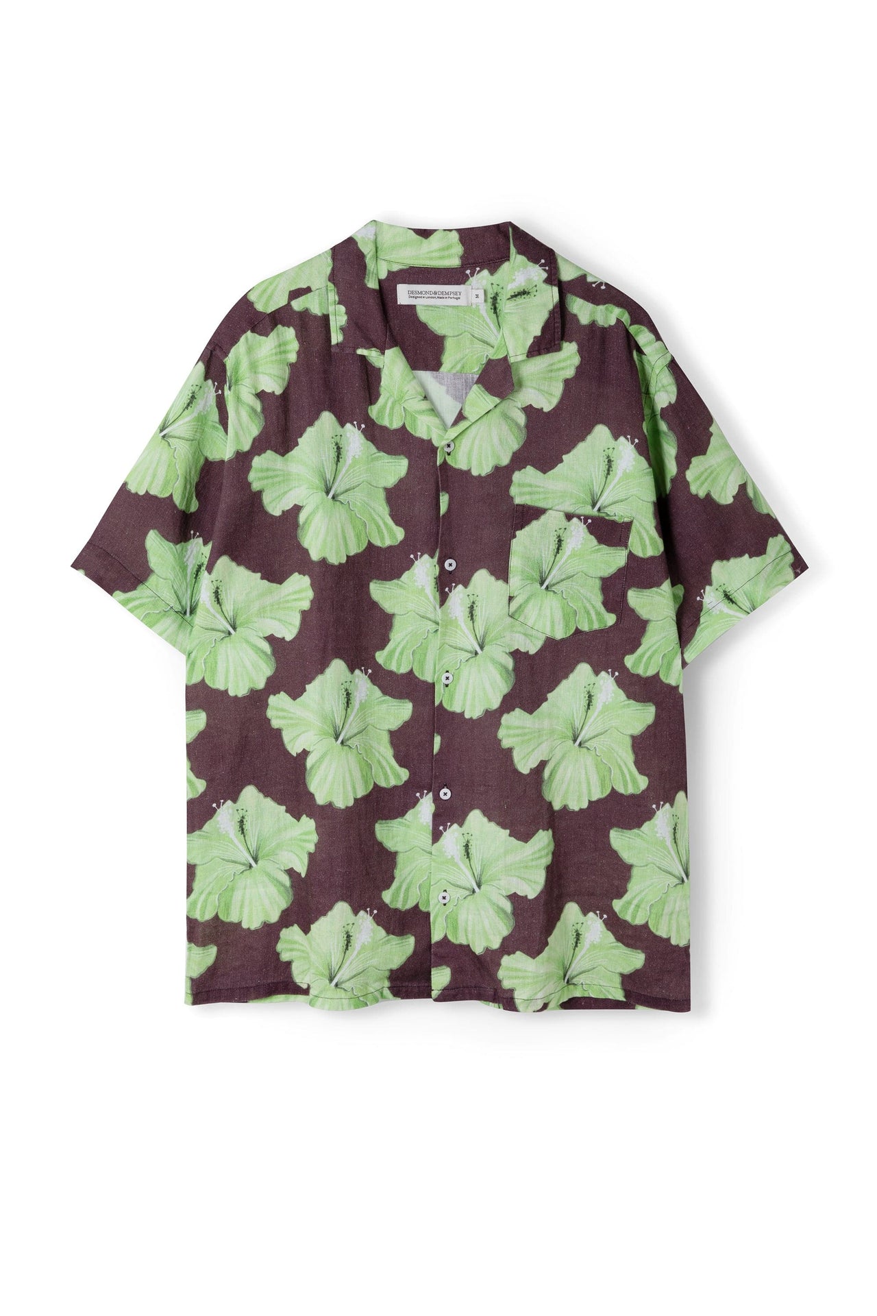 Men’s Cuban Pyjama Shirt Grand Hibiscus Print Cocoa/Lime Linen