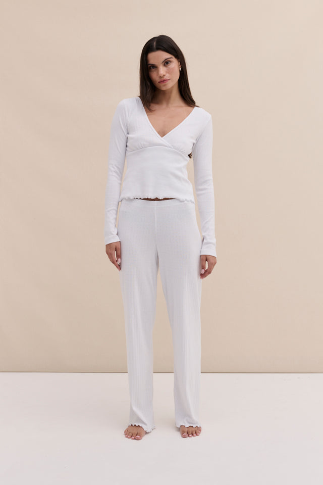 Pointelle Long Sleeve Top & Trouser Set White