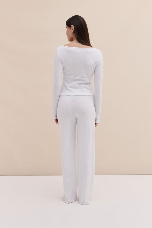 Pointelle Long Sleeve Top & Trouser Set White