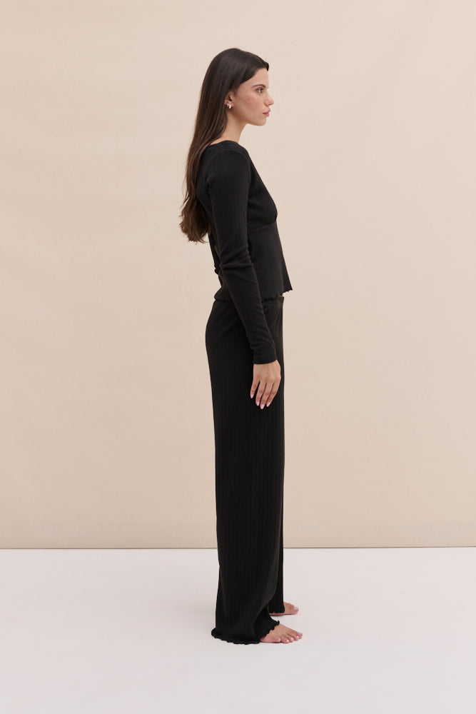 Pointelle Long Sleeve Top & Trouser Set Black