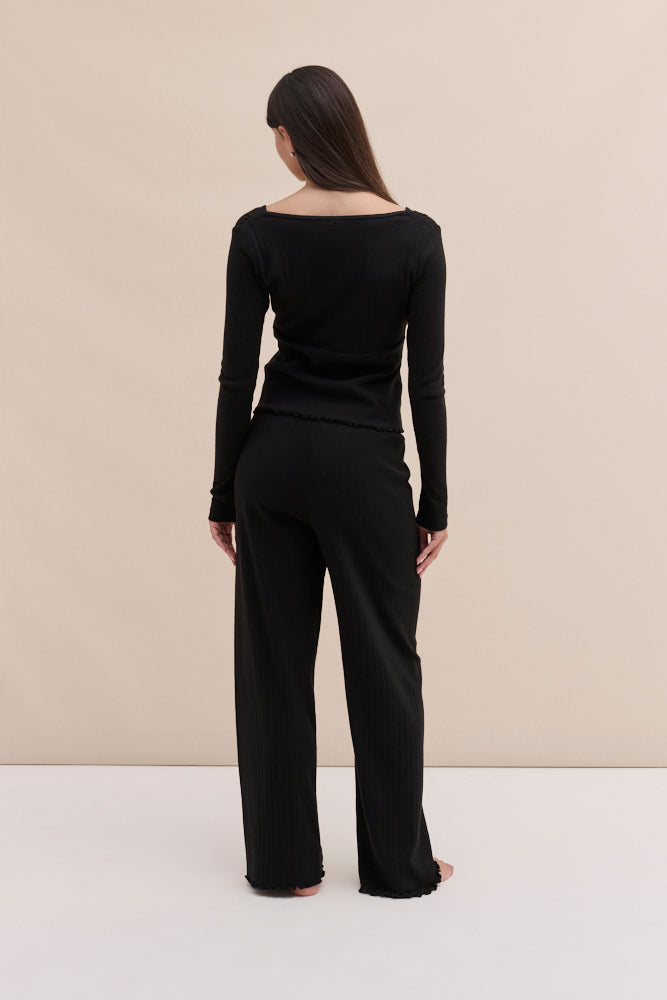 Pointelle Long Sleeve Top & Trouser Set Black