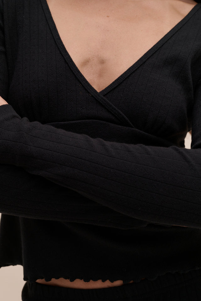 Pointelle Long Sleeve Top Black