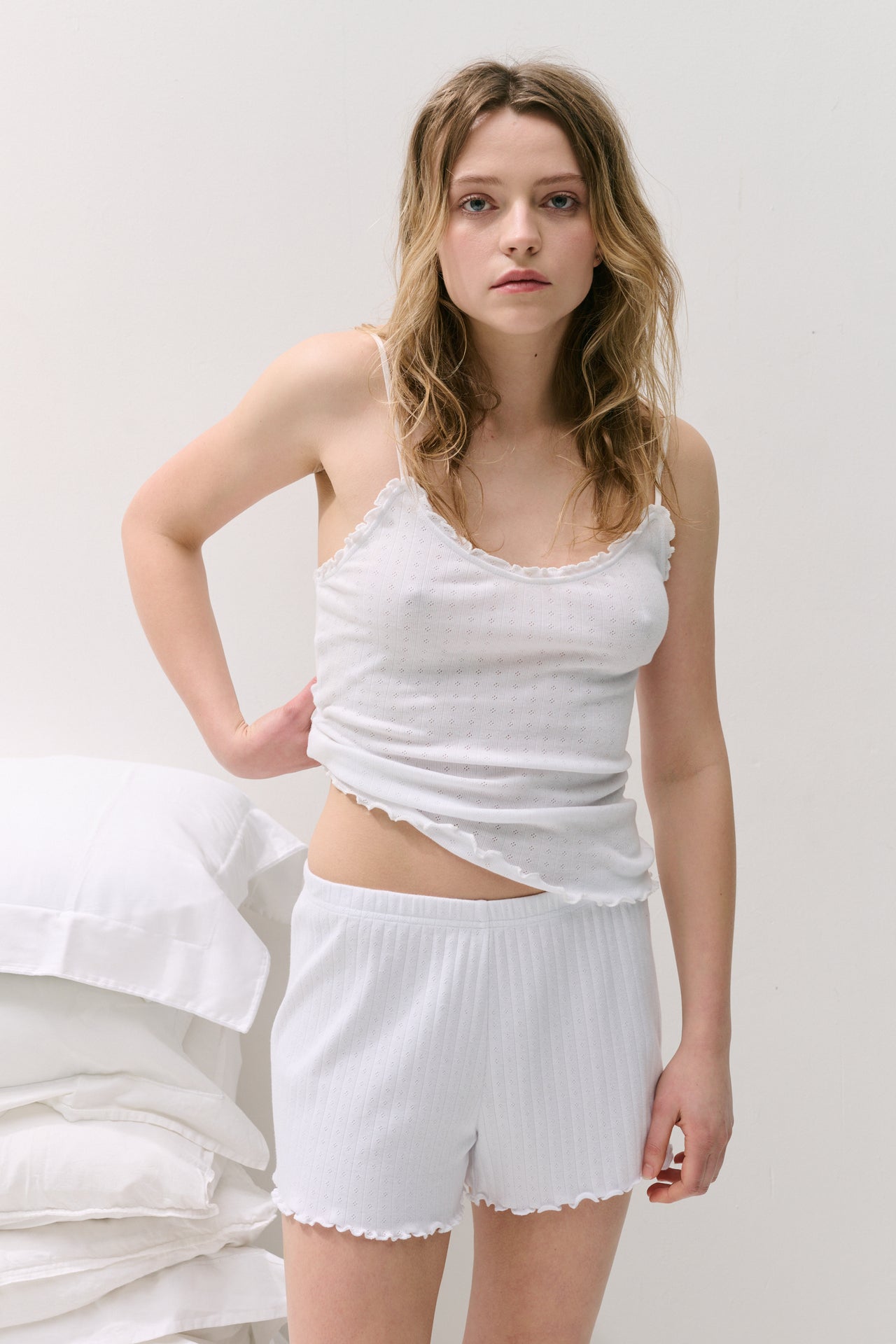 Pointelle Soft V Tank Top White