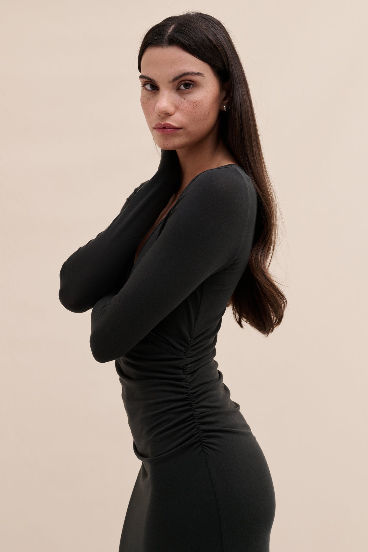 Lyocell Jersey Long Sleeve Wrap Nightie Graphite Black