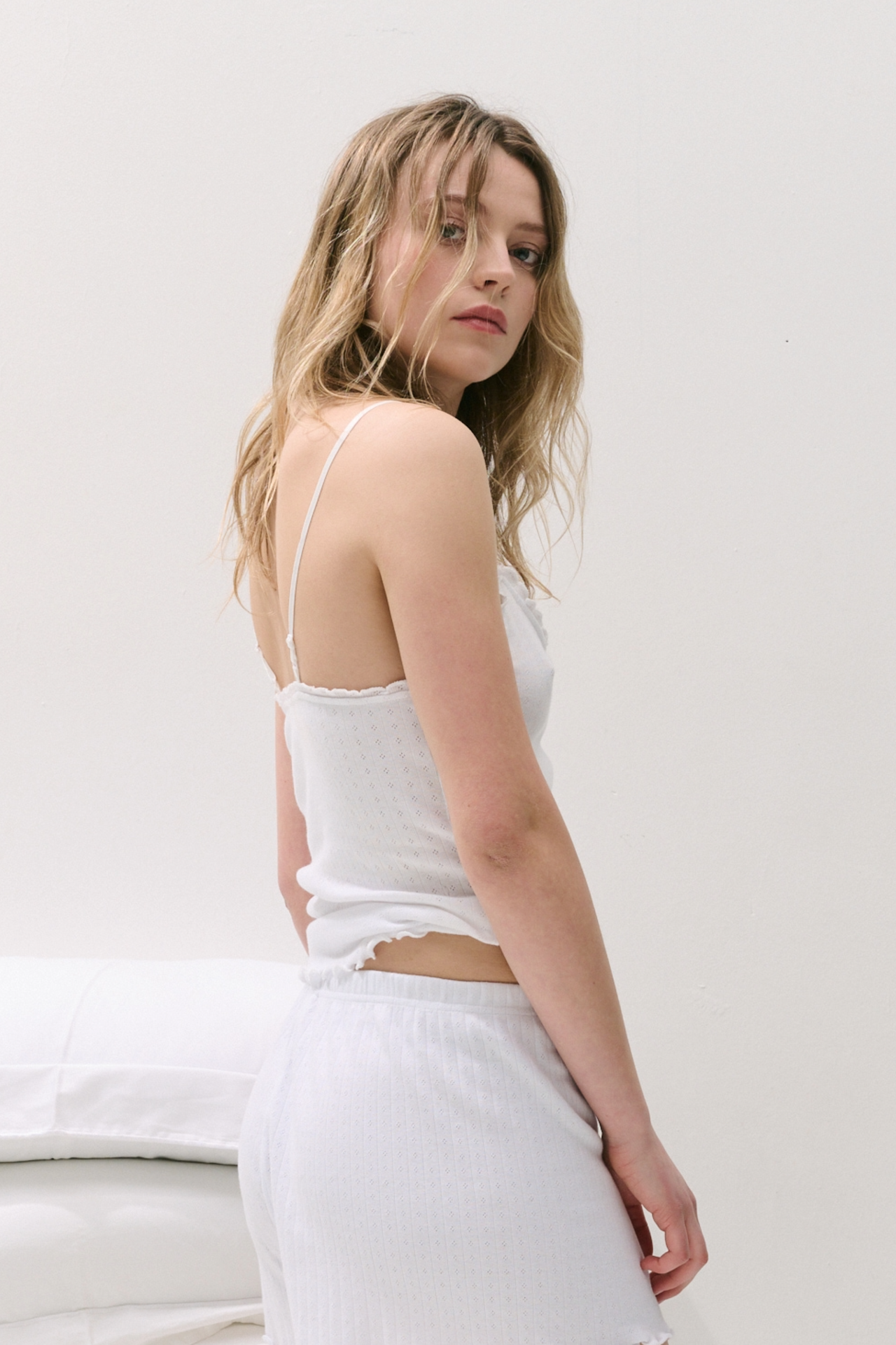 Pointelle Soft V Tank Top White