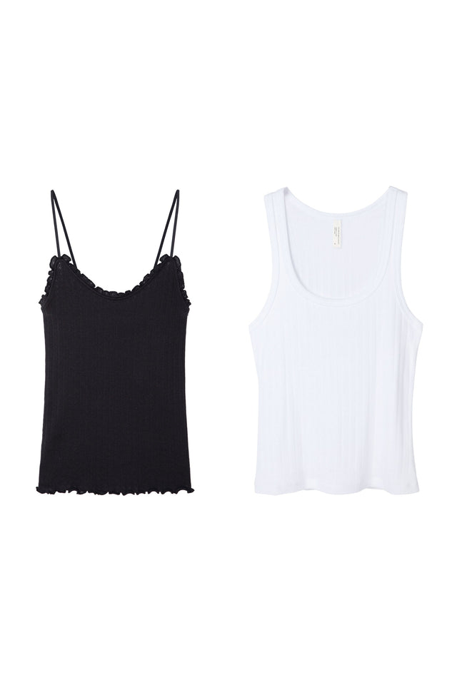 Pointelle Multi Tank Top Set of Two Black/White