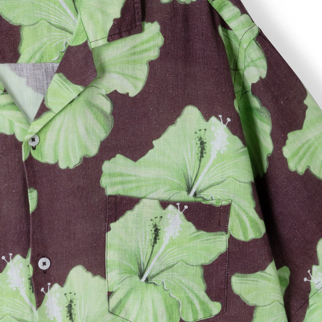 Men’s Cuban Pyjama Shirt Grand Hibiscus Print Cocoa/Lime Linen